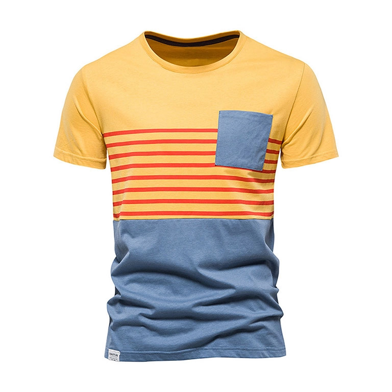 Men Casual Short Sleeve Tops Lightweight Pocket Striped Print Tee Shirt Contrast Color Summer T Shirt
