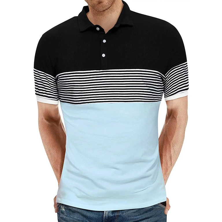 Men’s Short Sleeve Polo Shirts Casual Slim Fit Contrast Color Stitching Stripe Cotton Shirts 8 11zon