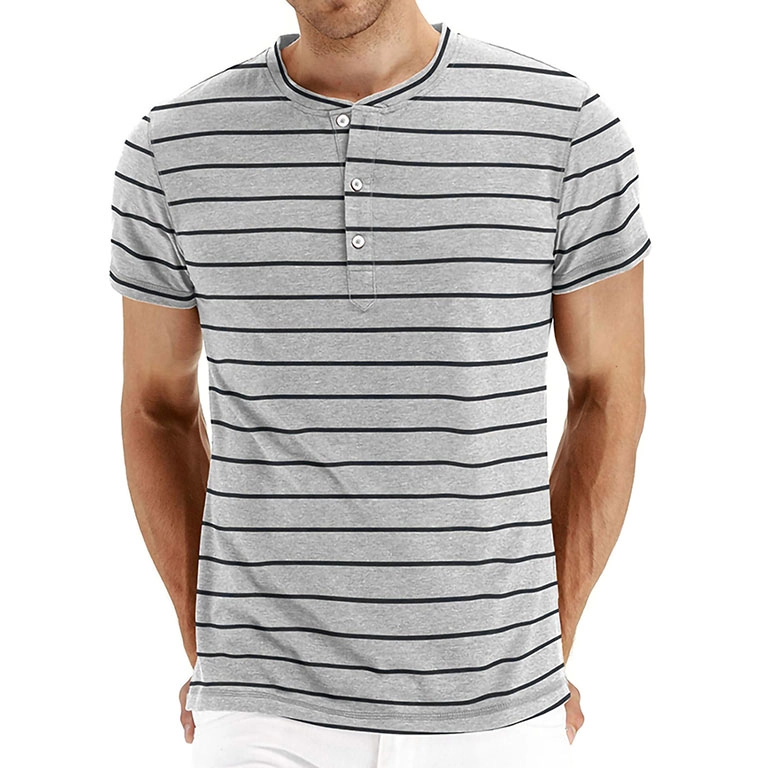 Mens Henley Casual Summer Beach Tops Short Sleeve Lightweight Striped T Shirt Fashion Stripe Splicing Shirts