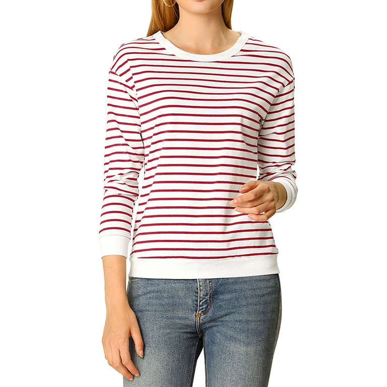 Women’s Long Sleeve Contrast Color Striped Pullover T Shirt