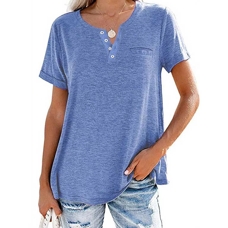 Women’s Solid Color Buttons V Neck Summer Tops Casual Short Sleeve Simple T Shirt